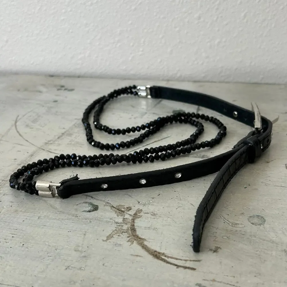 Vintage Black Beaded & Croc Embossed leather Skinny Belt fairy western glam 34